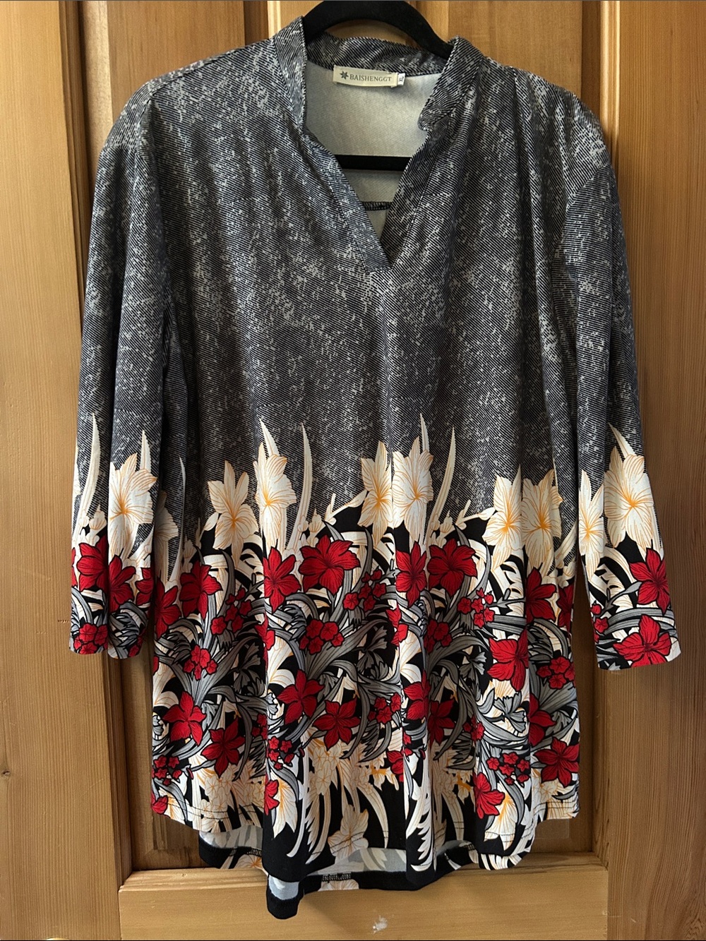 Gray Floral-Trim V-Neck Tunic with Red Accents